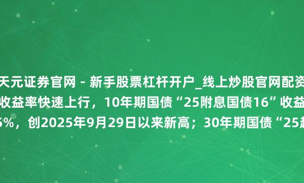 天元证券官网 - 新手股票杠杆开户_线上炒股官网配资注册 银行间主要利率债收益率快速上行，10年期国债“25附息国债16”收益率上行2.1bp报1.8825%，创2025年9月29日以来新高；30年期国债“25超长特地国债06”收益率上行1.5bp报2.2990%，创2024年11月20日以来新高。